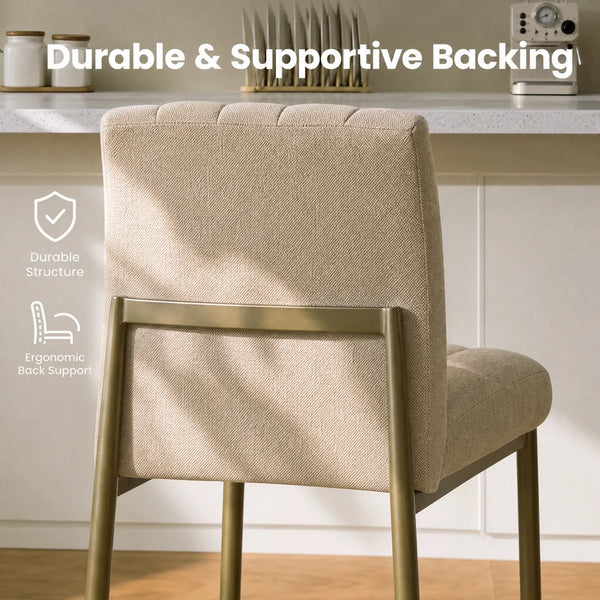 Set of 3 Khaki Linen Upholstered 26" Counter Height Bar Stools with Back and Metal Legs  Wooden Bazar