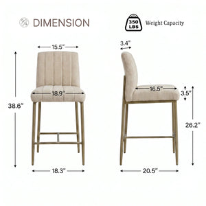 Set of 3 Khaki Linen Upholstered 26" Counter Height Bar Stools with Back and Metal Legs  Wooden Bazar