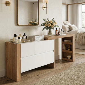 Convertible Makeup Vanity Desk with Adjustable Layout and Storage Drawers, Space-Saving Bedroom Dressing Table  Wooden Bazar