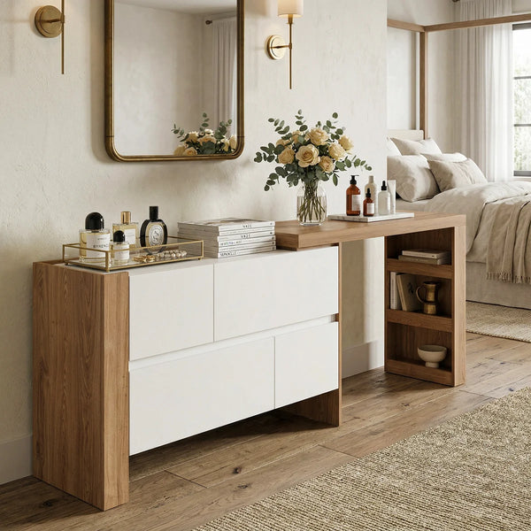 Convertible Makeup Vanity Desk with Adjustable Layout and Storage Drawers, Space-Saving Bedroom Dressing Table  Wooden Bazar