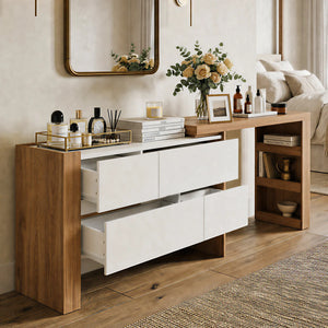Convertible Makeup Vanity Desk with Adjustable Layout and Storage Drawers, Space-Saving Bedroom Dressing Table  Wooden Bazar