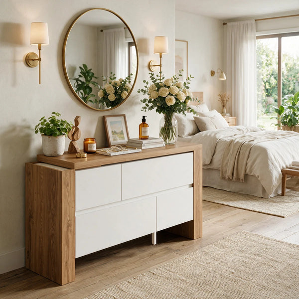 Convertible Makeup Vanity Desk with Adjustable Layout and Storage Drawers, Space-Saving Bedroom Dressing Table  Wooden Bazar