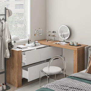 Convertible Makeup Vanity Desk with Adjustable Layout and Storage Drawers, Space-Saving Bedroom Dressing Table  Wooden Bazar