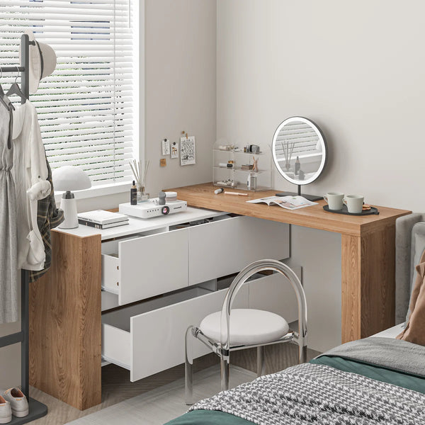 Convertible Makeup Vanity Desk with Adjustable Layout and Storage Drawers, Space-Saving Bedroom Dressing Table  Wooden Bazar