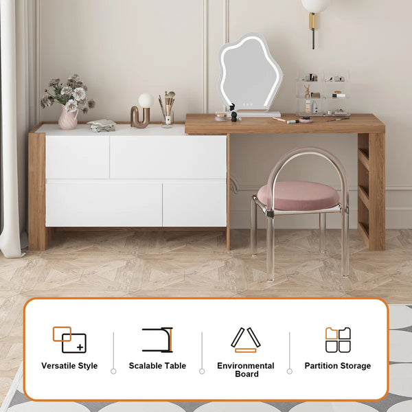 Convertible Makeup Vanity Desk with Adjustable Layout and Storage Drawers, Space-Saving Bedroom Dressing Table  Wooden Bazar