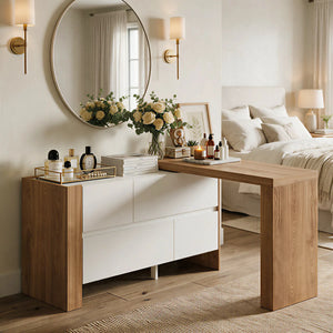Convertible Makeup Vanity Desk with Adjustable Layout and Storage Drawers, Space-Saving Bedroom Dressing Table  Wooden Bazar