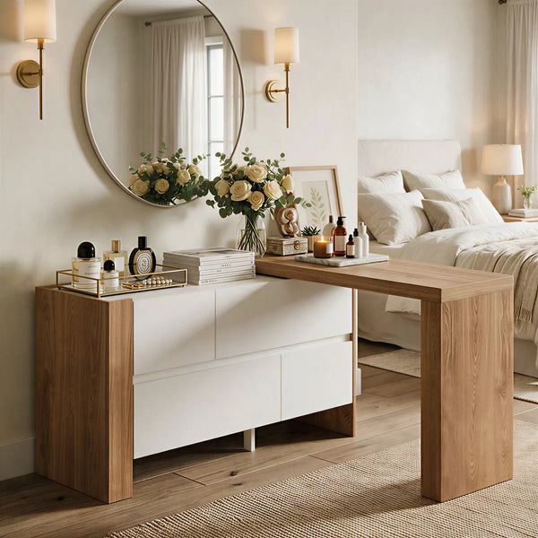 Convertible Makeup Vanity Desk with Adjustable Layout and Storage Drawers, Space-Saving Bedroom Dressing Table  Wooden Bazar