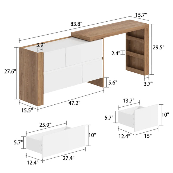 Convertible Makeup Vanity Desk with Adjustable Layout and Storage Drawers, Space-Saving Bedroom Dressing Table  Wooden Bazar