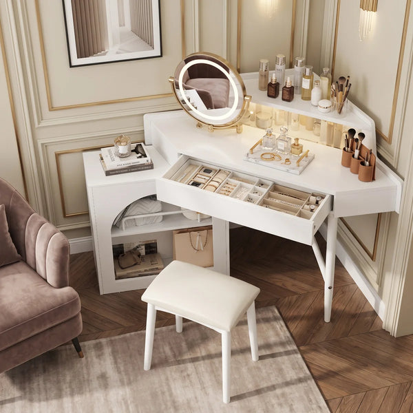 White Corner Dressing Vanity Set with Folding LED Mirror, Storage & Cushioned Stool   Wooden Bazar