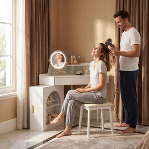 White Corner Dressing Vanity Set with Folding LED Mirror, Storage & Cushioned Stool   Wooden Bazar
