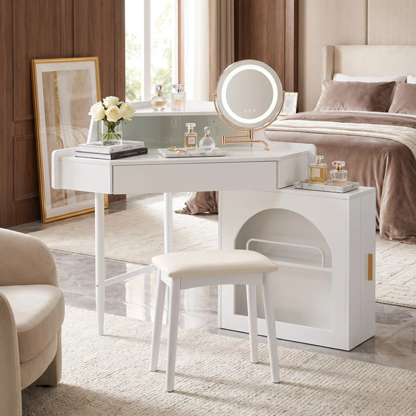 White Corner Dressing Vanity Set with Folding LED Mirror, Storage & Cushioned Stool   Wooden Bazar
