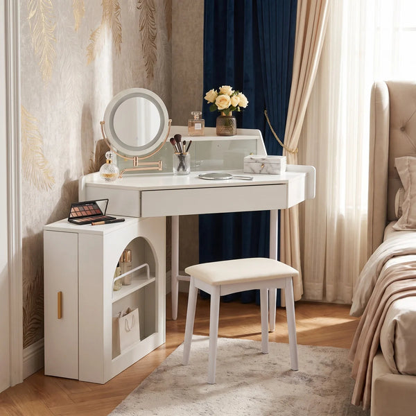 White Corner Dressing Vanity Set with Folding LED Mirror, Storage & Cushioned Stool   Wooden Bazar