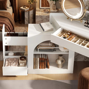 White Corner Dressing Vanity Set with Folding LED Mirror, Storage & Cushioned Stool   Wooden Bazar