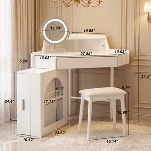 White Corner Dressing Vanity Set with Folding LED Mirror, Storage & Cushioned Stool   Wooden Bazar