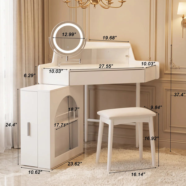 White Corner Dressing Vanity Set with Folding LED Mirror, Storage & Cushioned Stool   Wooden Bazar