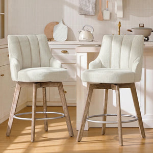 Counter Height Bar Stools,Swivel Bar Stools with Backs,Barstools Set of 2,26'' Solid Wood Legs,Thick Seat Upholstered Linen Fabric Counter Height Stools in Grey  Wooden Bazar