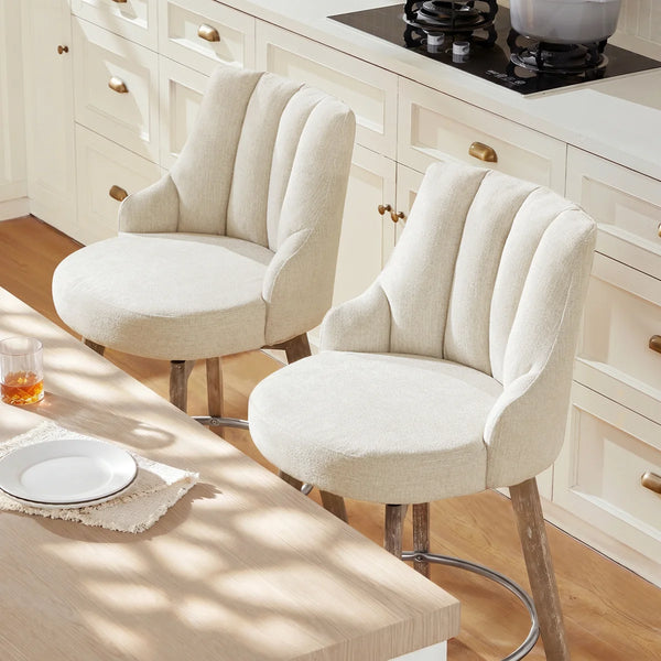 Counter Height Bar Stools,Swivel Bar Stools with Backs,Barstools Set of 2,26'' Solid Wood Legs,Thick Seat Upholstered Linen Fabric Counter Height Stools in Grey  Wooden Bazar