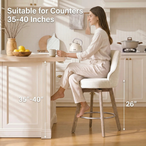 Counter Height Bar Stools,Swivel Bar Stools with Backs,Barstools Set of 2,26'' Solid Wood Legs,Thick Seat Upholstered Linen Fabric Counter Height Stools in Grey  Wooden Bazar