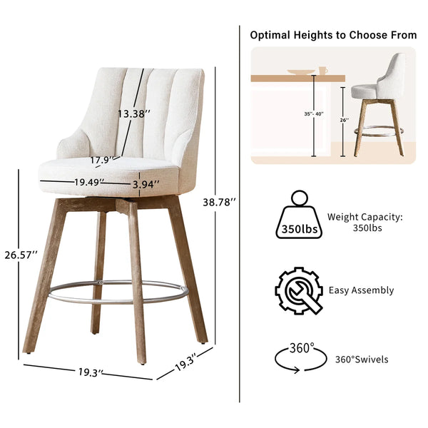 Counter Height Bar Stools,Swivel Bar Stools with Backs,Barstools Set of 2,26'' Solid Wood Legs,Thick Seat Upholstered Linen Fabric Counter Height Stools in Grey  Wooden Bazar