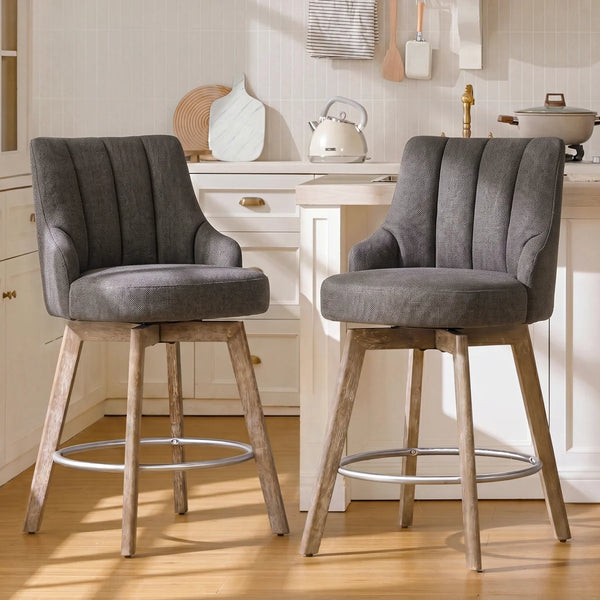 Counter Height Bar Stools,Swivel Bar Stools with Backs,Barstools Set of 2,26'' Solid Wood Legs,Thick Seat Upholstered Linen Fabric Counter Height Stools in Grey  Wooden Bazar