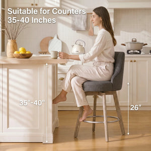 Counter Height Bar Stools,Swivel Bar Stools with Backs,Barstools Set of 2,26'' Solid Wood Legs,Thick Seat Upholstered Linen Fabric Counter Height Stools in Grey  Wooden Bazar