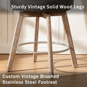 Counter Height Bar Stools,Swivel Bar Stools with Backs,Barstools Set of 2,26'' Solid Wood Legs,Thick Seat Upholstered Linen Fabric Counter Height Stools in Grey  Wooden Bazar