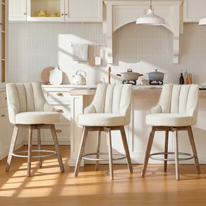 Counter Height Bar Stools,Swivel Bar Stools with Backs,Barstools Set of 3,26'' Solid Wood Legs,Thick Seat Upholstered Linen Fabric Counter Height Stools in Sand  Wooden bazar