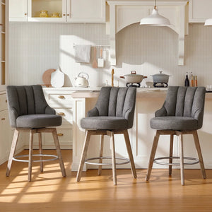 Counter Height Bar Stools,Swivel Bar Stools with Backs,Barstools Set of 3,26'' Solid Wood Legs,Thick Seat Upholstered Linen Fabric Counter Height Stools in Sand  Wooden bazar