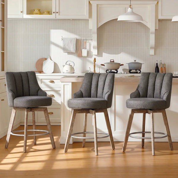 Counter Height Bar Stools,Swivel Bar Stools with Backs,Barstools Set of 3,26'' Solid Wood Legs,Thick Seat Upholstered Linen Fabric Counter Height Stools in Sand  Wooden bazar