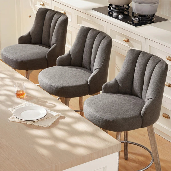 Counter Height Bar Stools,Swivel Bar Stools with Backs,Barstools Set of 3,26'' Solid Wood Legs,Thick Seat Upholstered Linen Fabric Counter Height Stools in Sand  Wooden bazar