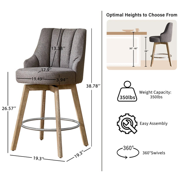 Counter Height Bar Stools,Swivel Bar Stools with Backs,Barstools Set of 3,26'' Solid Wood Legs,Thick Seat Upholstered Linen Fabric Counter Height Stools in Sand  Wooden bazar