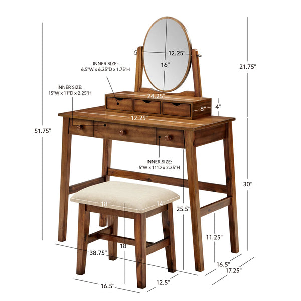Crosstown Makeup Vanity Set with Stool  Wooden Bazar