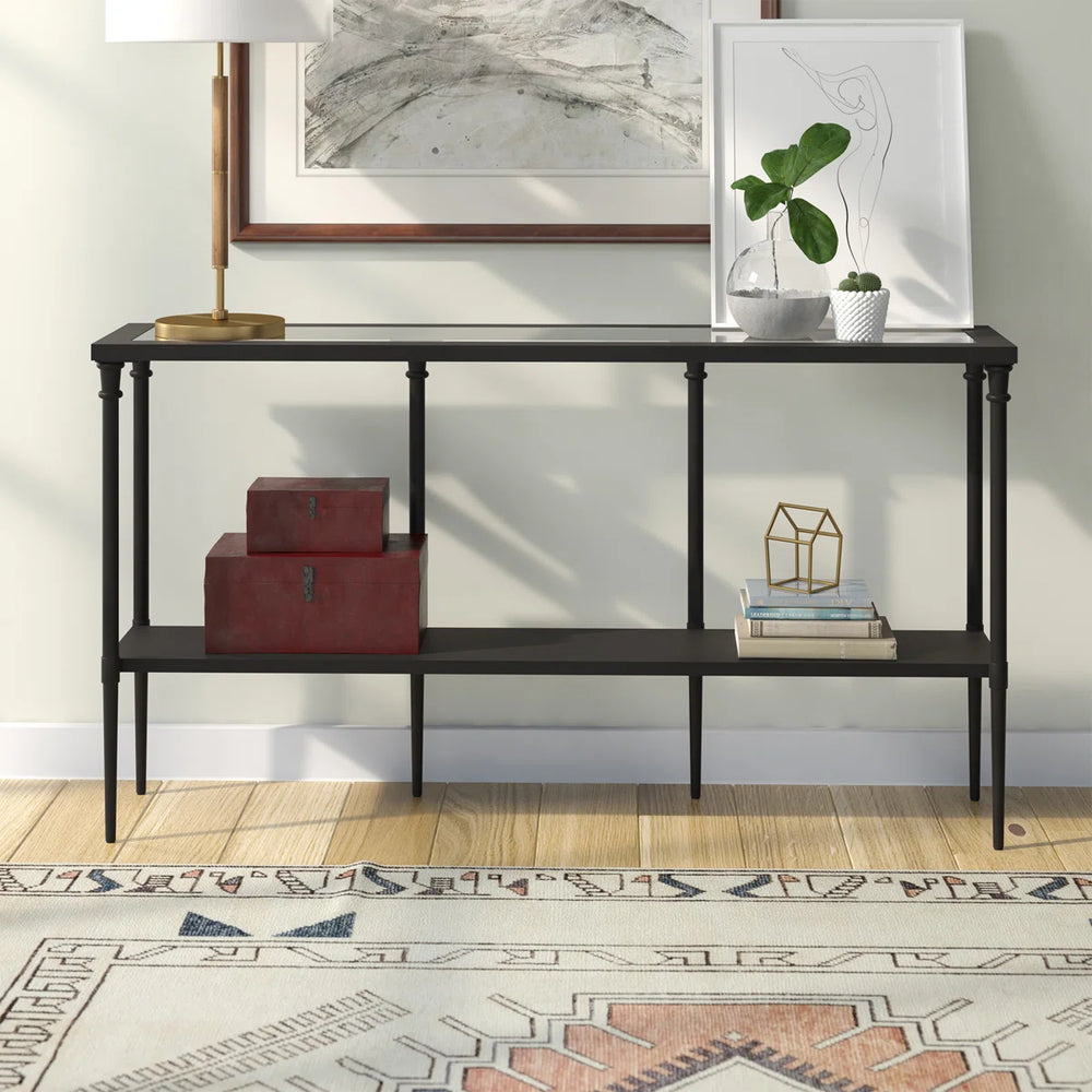 Wide Metal Rectangular Console Table in Blackened Bronze  Wooden Bazar