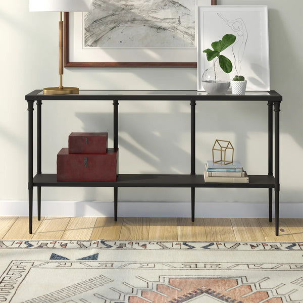 Wide Metal Rectangular Console Table in Blackened Bronze  Wooden Bazar