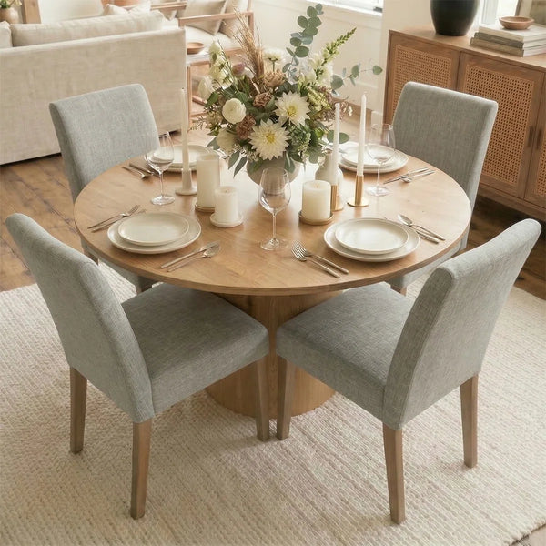 4 Seater Dining Table Sets With 41.5'' Round Table & 4 Upholstered Linen Chairs