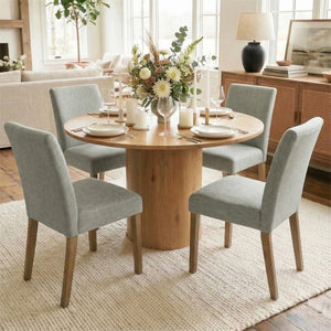 4 Seater Dining Table Sets With 41.5'' Round Table & 4 Upholstered Linen Chairs