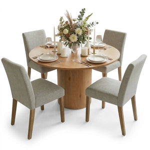 4 Seater Dining Table Sets With 41.5'' Round Table & 4 Upholstered Linen Chairs