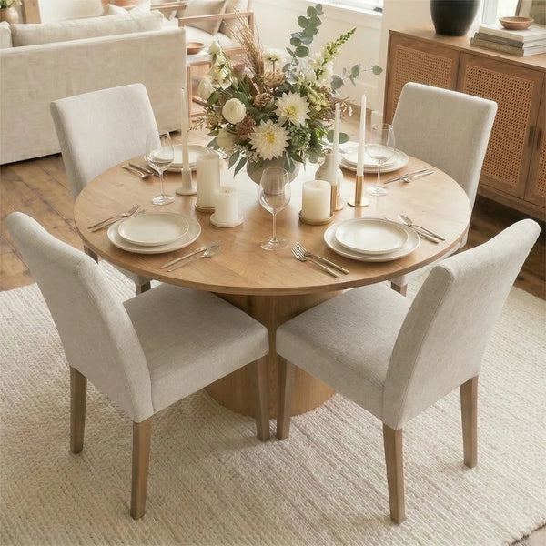 4 Seater Dining Table Sets With 41.5'' Round Table & 4 Upholstered Linen Chairs