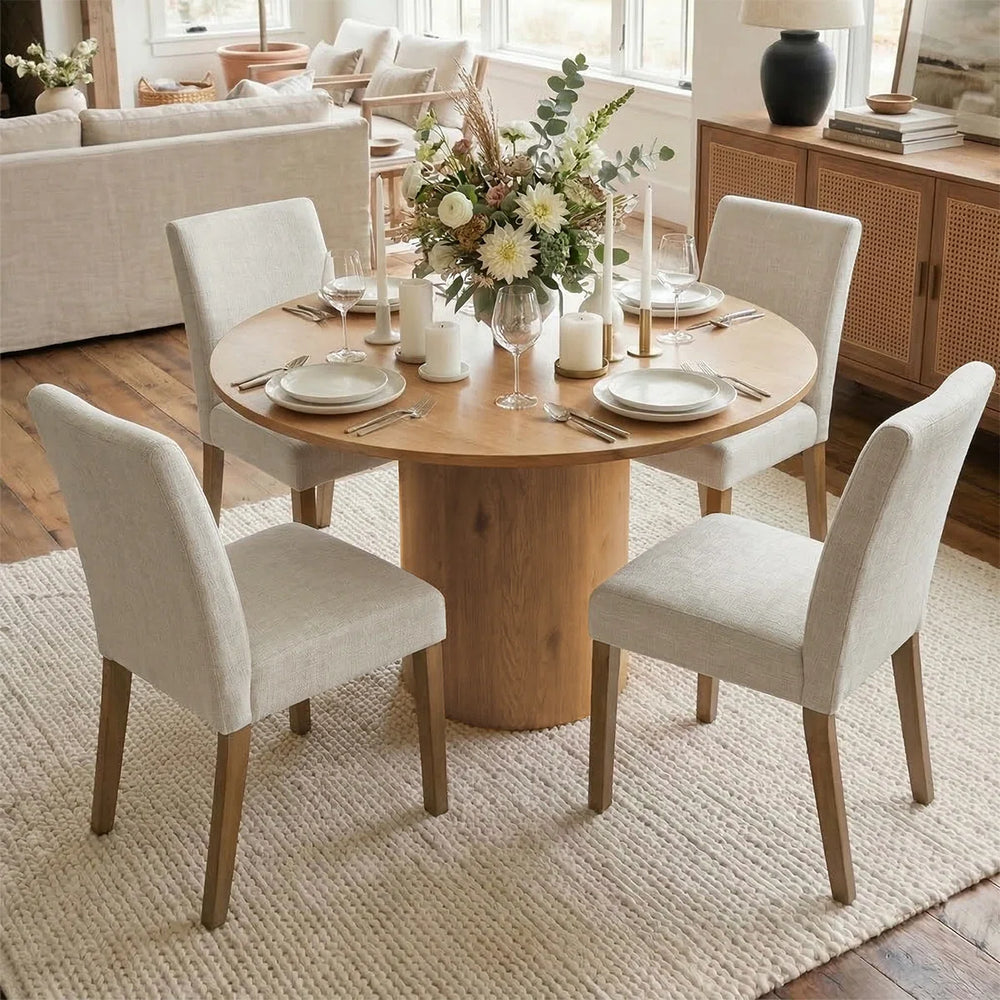 4 Seater Dining Table Sets With 41.5'' Round Table & 4 Upholstered Linen Chairs
