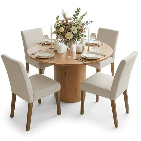 4 Seater Dining Table Sets With 41.5'' Round Table & 4 Upholstered Linen Chairs