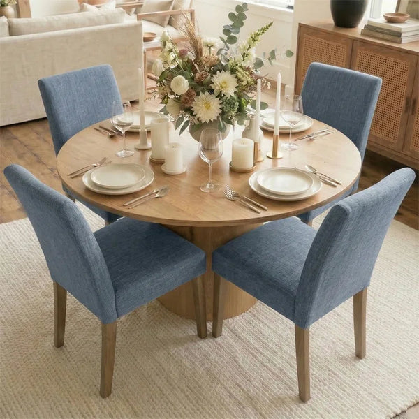 4 Seater Dining Table Sets With 41.5'' Round Table & 4 Upholstered Linen Chairs