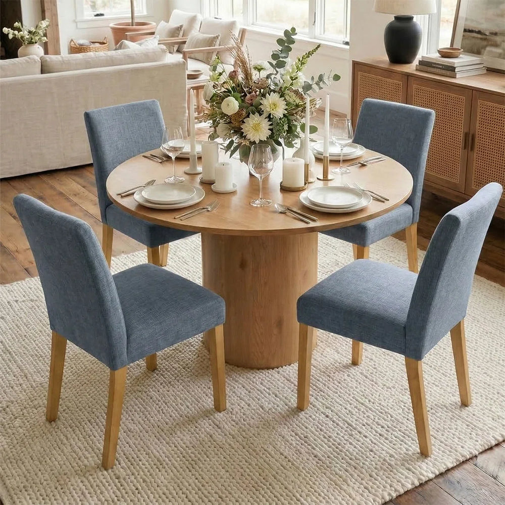 4 Seater Dining Table Sets With 41.5'' Round Table & 4 Upholstered Linen Chairs