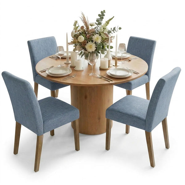 4 Seater Dining Table Sets With 41.5'' Round Table & 4 Upholstered Linen Chairs