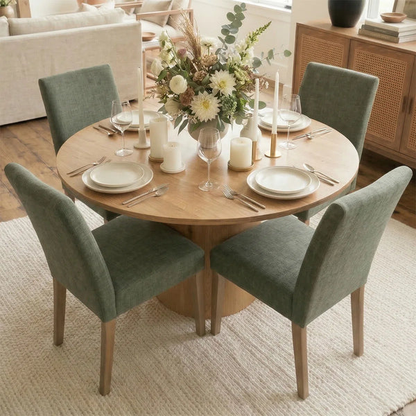 4 Seater Dining Table Sets With 41.5'' Round Table & 4 Upholstered Linen Chairs