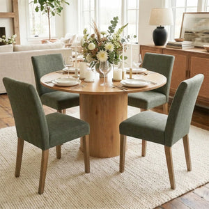 4 Seater Dining Table Sets With 41.5'' Round Table & 4 Upholstered Linen Chairs