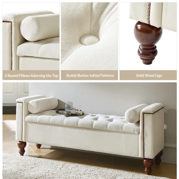 Storage Bench with Two Circular Pillows and Solid Wood Legs