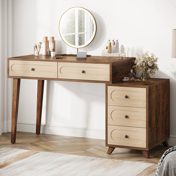 Deovian 5-Drawer Two-Tone Makeup Vanity  Wooden Bazar