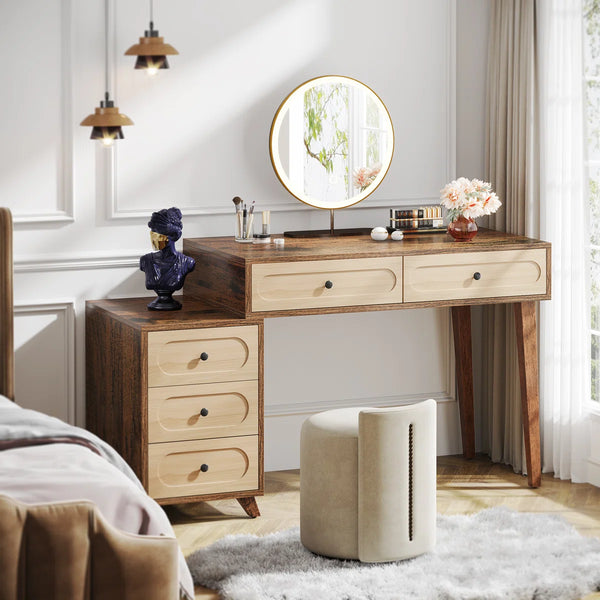 Deovian 5-Drawer Two-Tone Makeup Vanity  Wooden Bazar