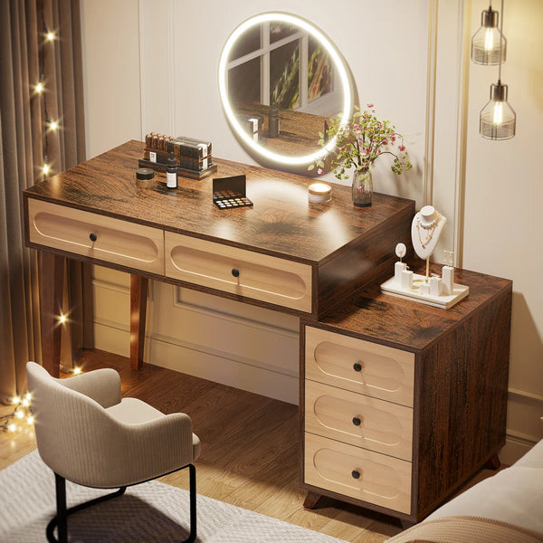 Deovian 5-Drawer Two-Tone Makeup Vanity  Wooden Bazar