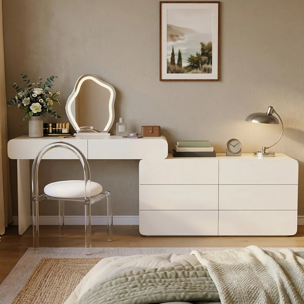Easy Installation Extendable 47.24''–90'' Makeup Vanity, Modern Vanity Desk with 8 Storage Drawers, Cream Dressing Table with L-Shape or Straight Layout for Different Houses  Wooden Bazar